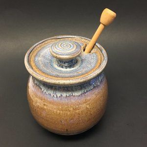 Art Pottery Speckled Stoneware Honey Pot Jar & dipper Pretty Blue Drip Glaze